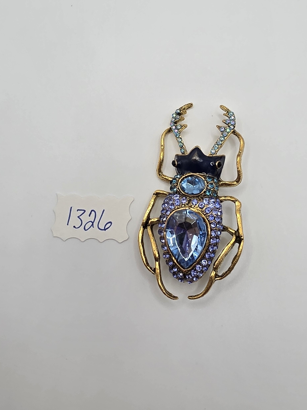 Gold-Tone Blue Crystal Beetle Brooch
